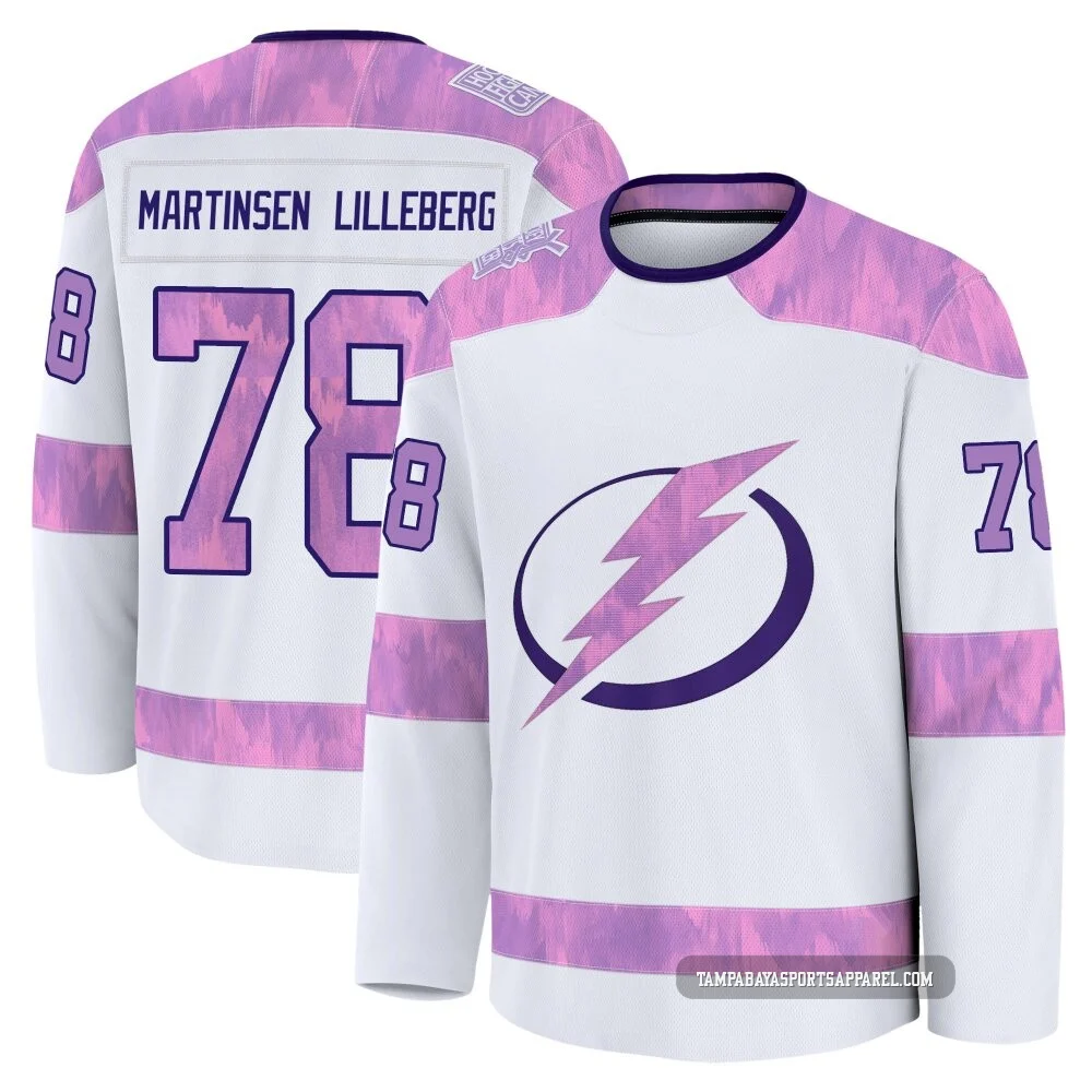 Emil Lilleberg ＃78 Tampa Bay Lightning Youth White 2024 Hockey Fights Cancer Practice Premium Jersey