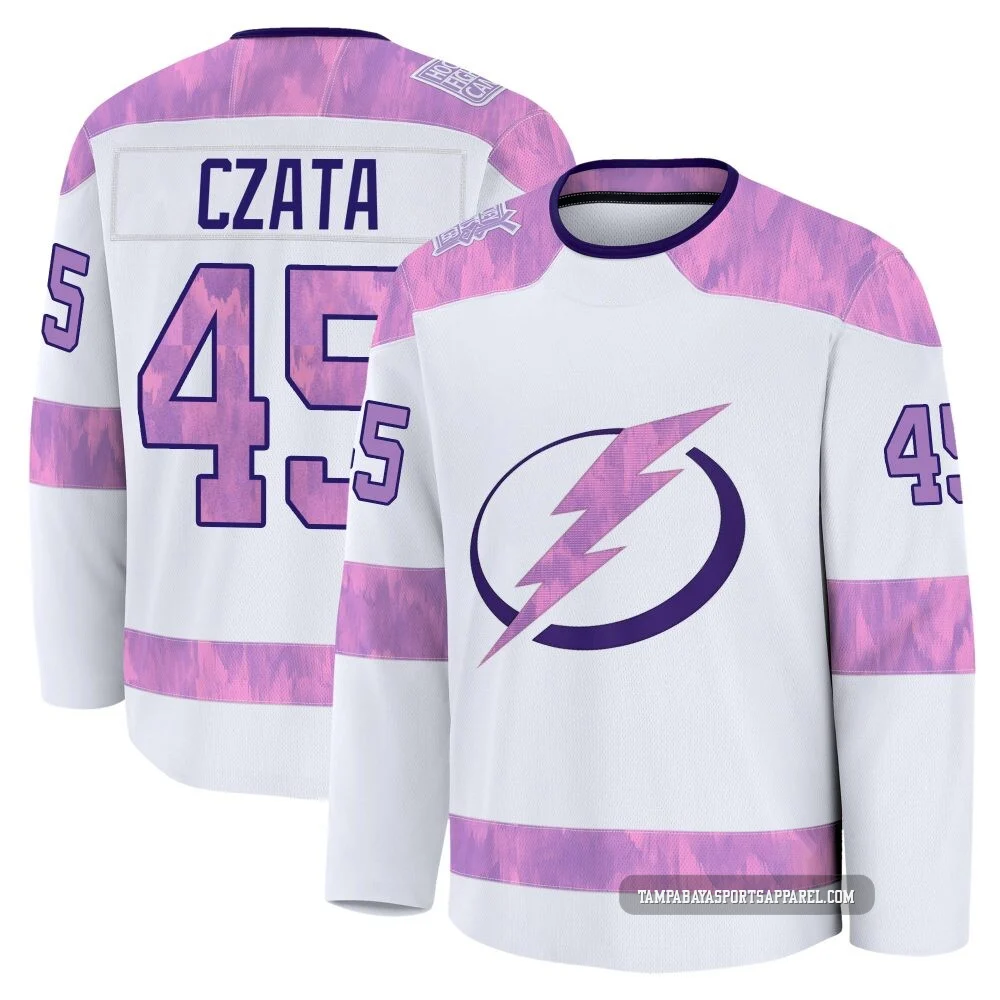 Ethan Czata ＃45 Tampa Bay Lightning Men's White 2024 Hockey Fights Cancer Practice Premium Jersey