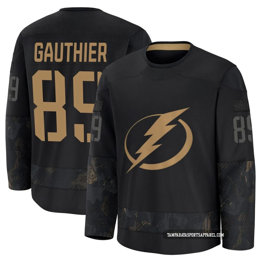 Ethan Gauthier ＃89 Tampa Bay Lightning Men's Black 2024 Military Appreciation Practice Premium Jersey
