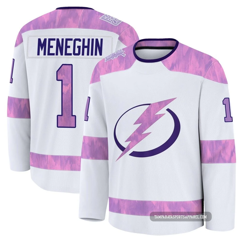 Harrison Meneghin ＃1 Tampa Bay Lightning Youth White 2024 Hockey Fights Cancer Practice Premium Jersey