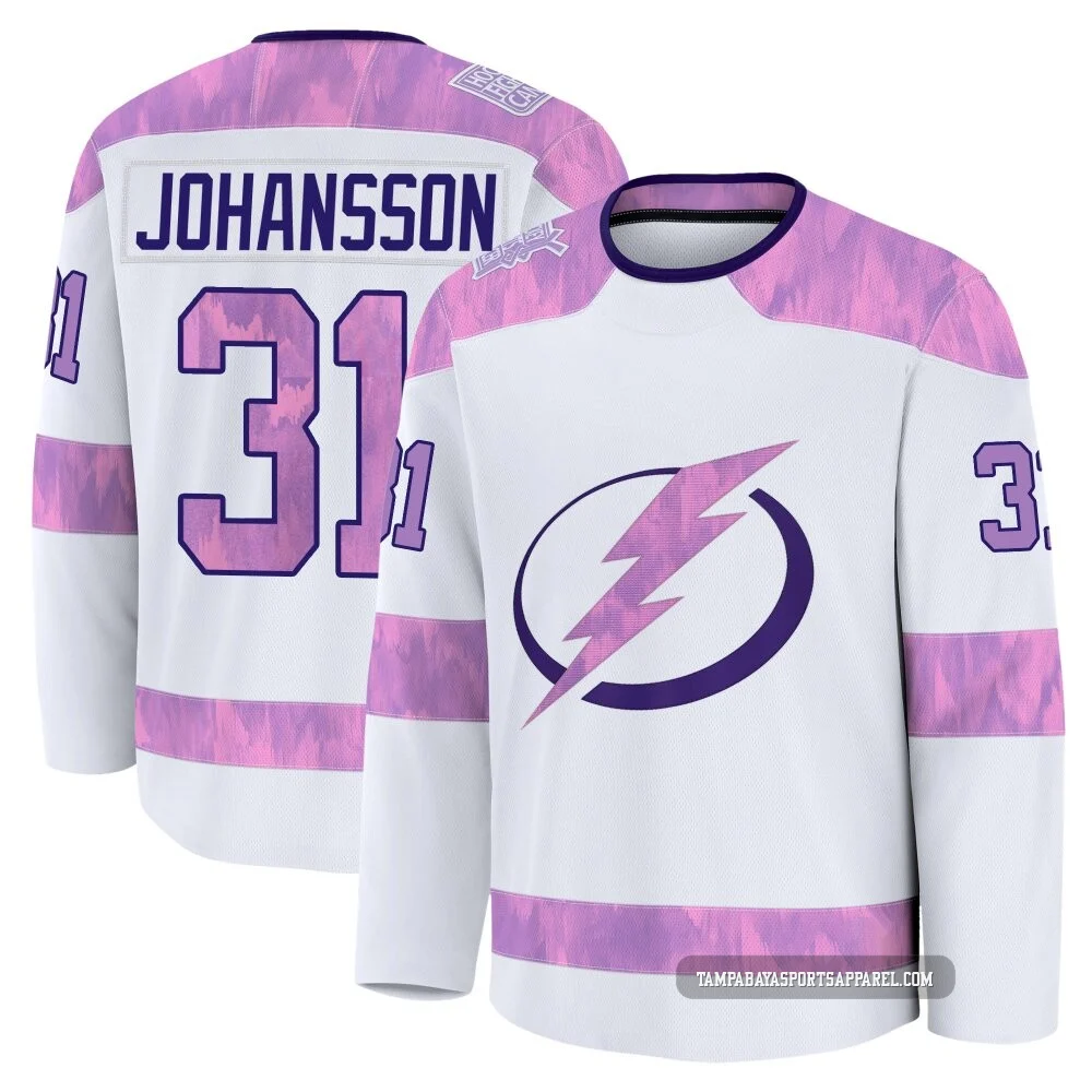 Jonas Johansson ＃31 Tampa Bay Lightning Youth White 2024 Hockey Fights Cancer Practice Premium Jersey