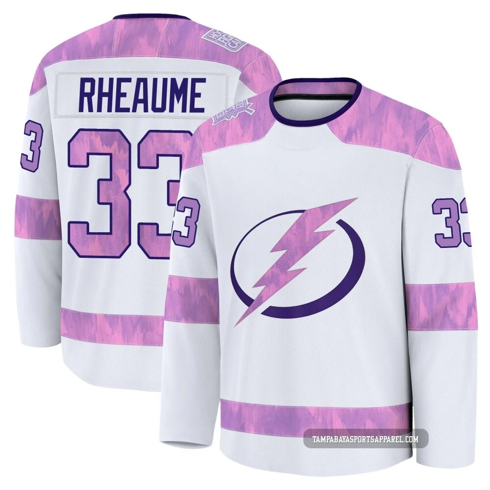 Manon Rheaume ＃33 Tampa Bay Lightning Men's White 2024 Hockey Fights Cancer Practice Premium Jersey