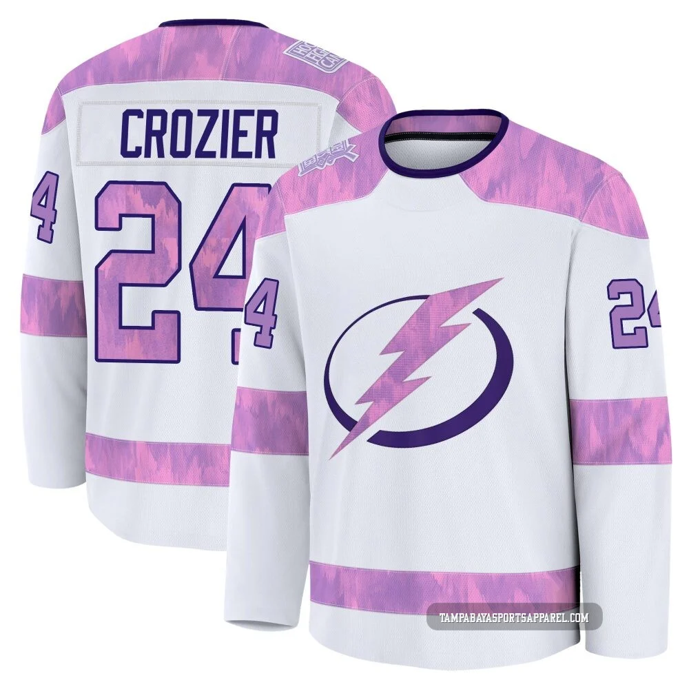 Maxwell Crozier ＃24 Tampa Bay Lightning Men's White 2024 Hockey Fights Cancer Practice Premium Jersey