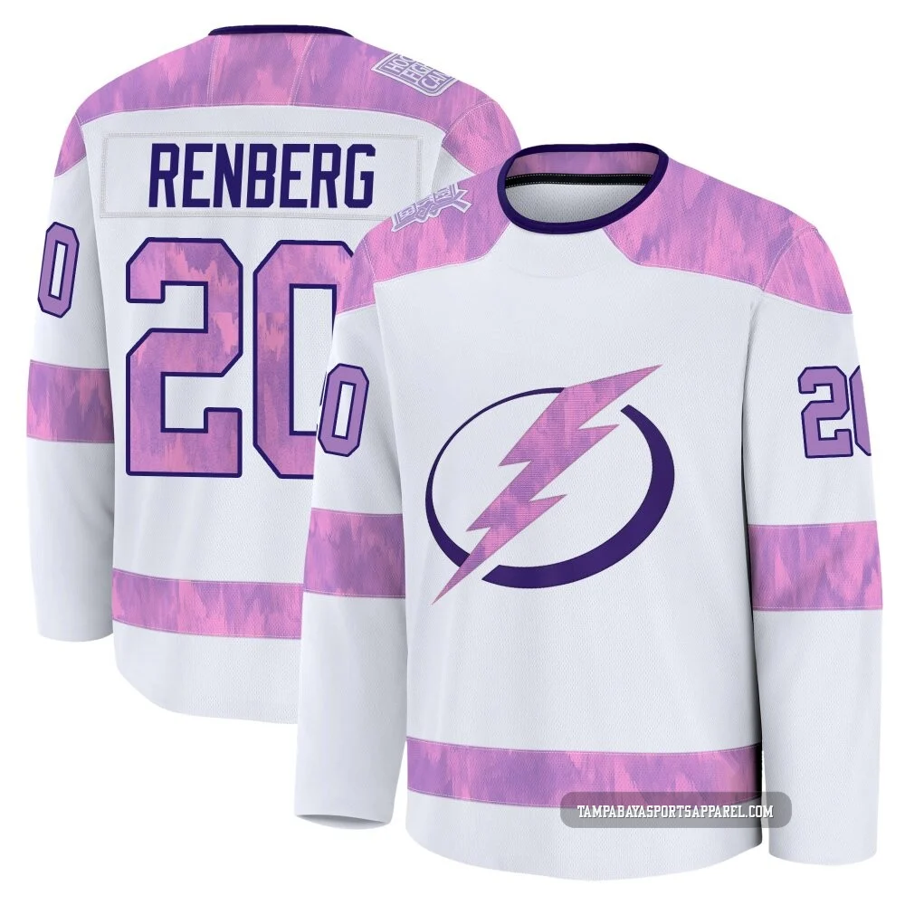 Mikael Renberg ＃20 Tampa Bay Lightning Men's White 2024 Hockey Fights Cancer Practice Premium Jersey