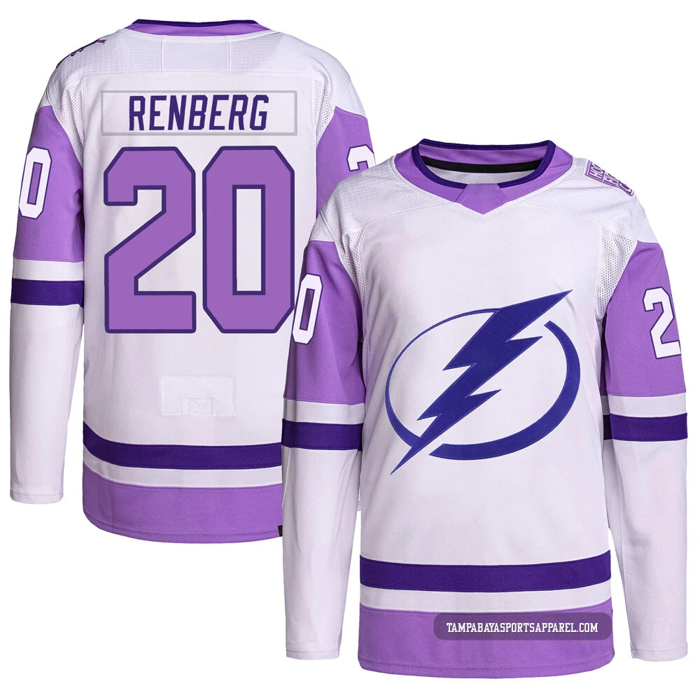Mikael Renberg ＃20 Tampa Bay Lightning Men's White/Purple Authentic Hockey Fights Cancer Primegreen Jersey