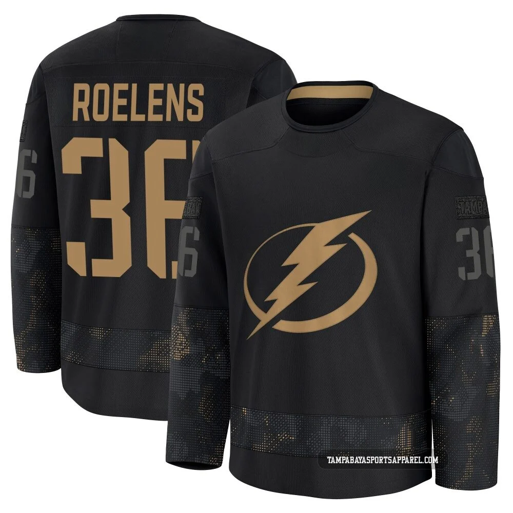 Milo Roelens ＃36 Tampa Bay Lightning Men's Black 2024 Military Appreciation Practice Premium Jersey