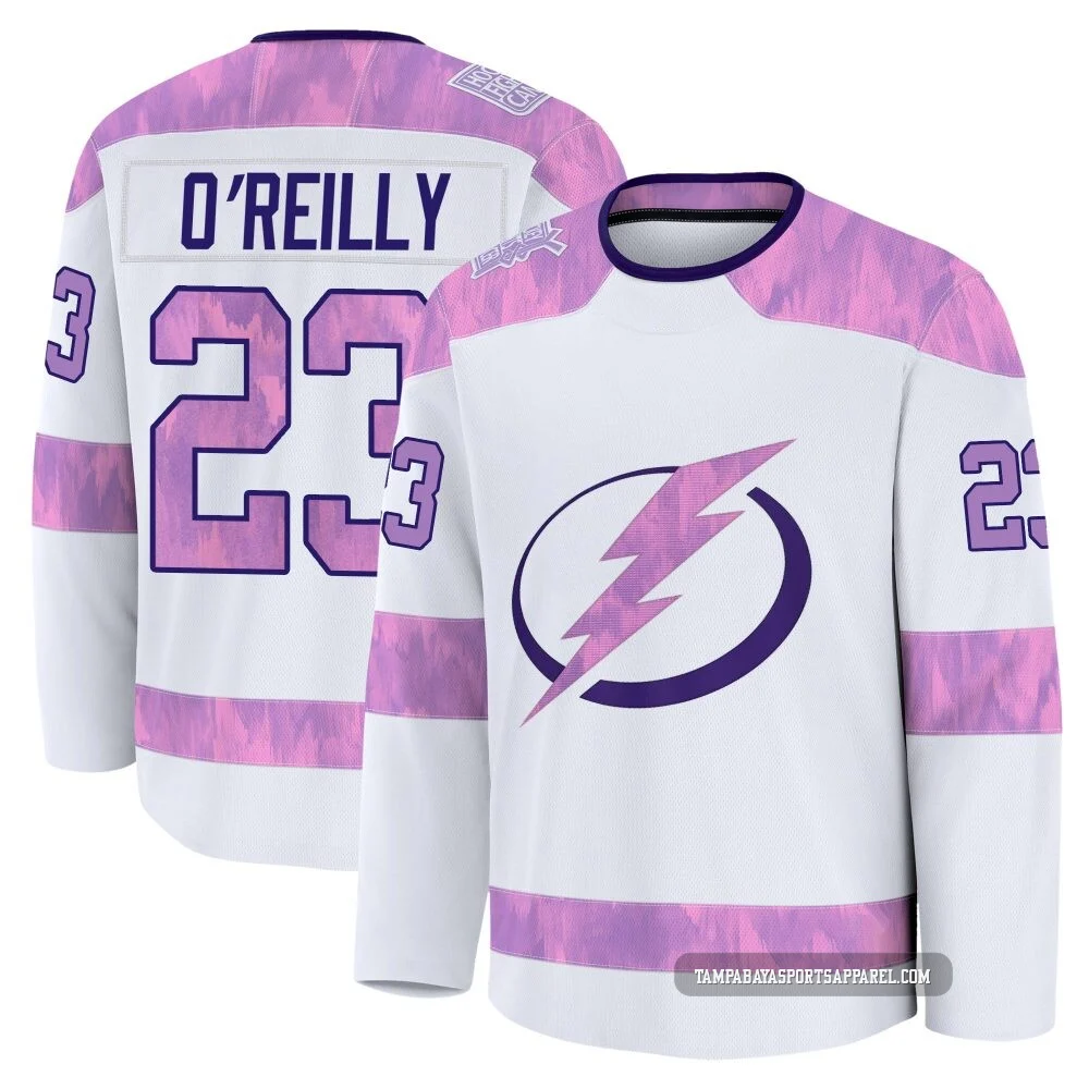 Sam O'Reilly ＃23 Tampa Bay Lightning Men's White 2024 Hockey Fights Cancer Practice Premium Jersey