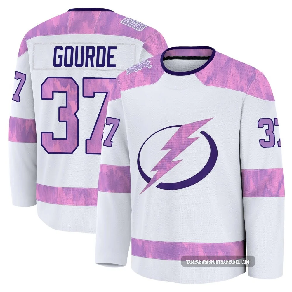 Yanni Gourde ＃37 Tampa Bay Lightning Youth White 2024 Hockey Fights Cancer Practice Premium Jersey